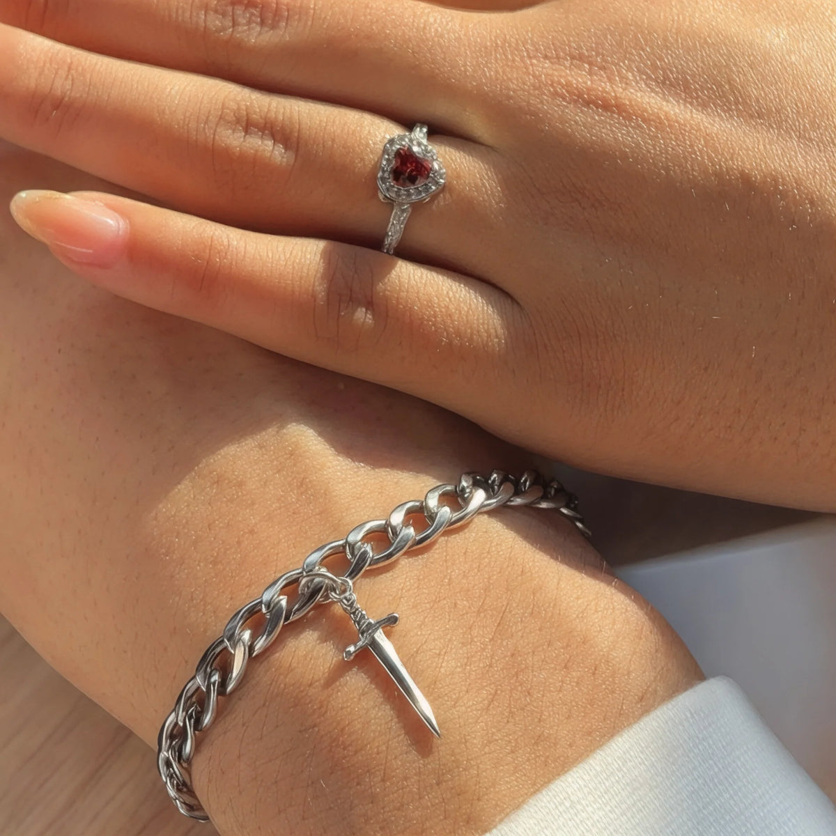 Heart and sword bracelet and ring